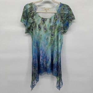Boho Tunic Top Fairy Asymmetric Sheer Lace Whimsical Ethereal Peacock Art M